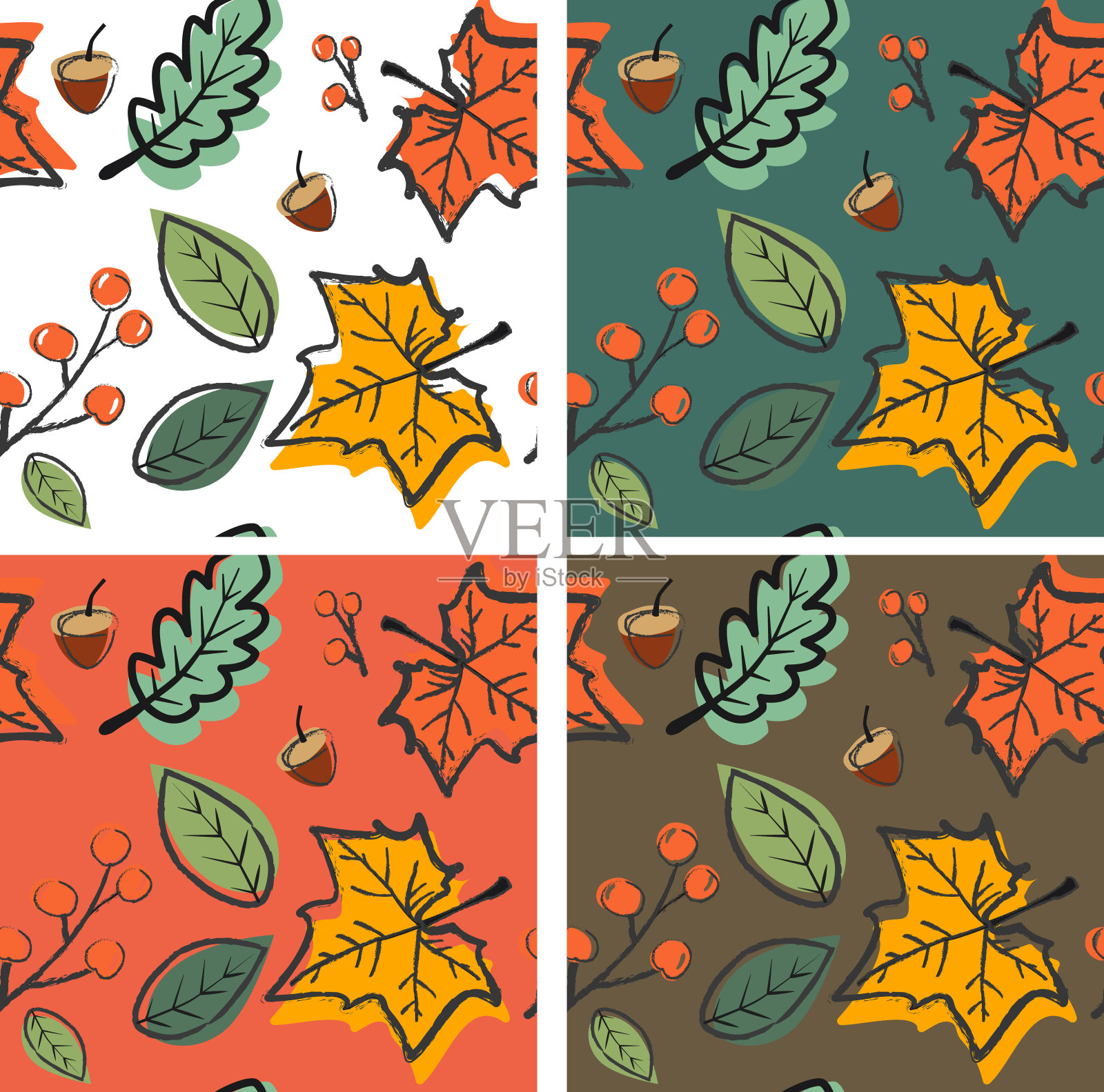 套4个秋天季节的叶子，橡子无缝图案插画图片素材