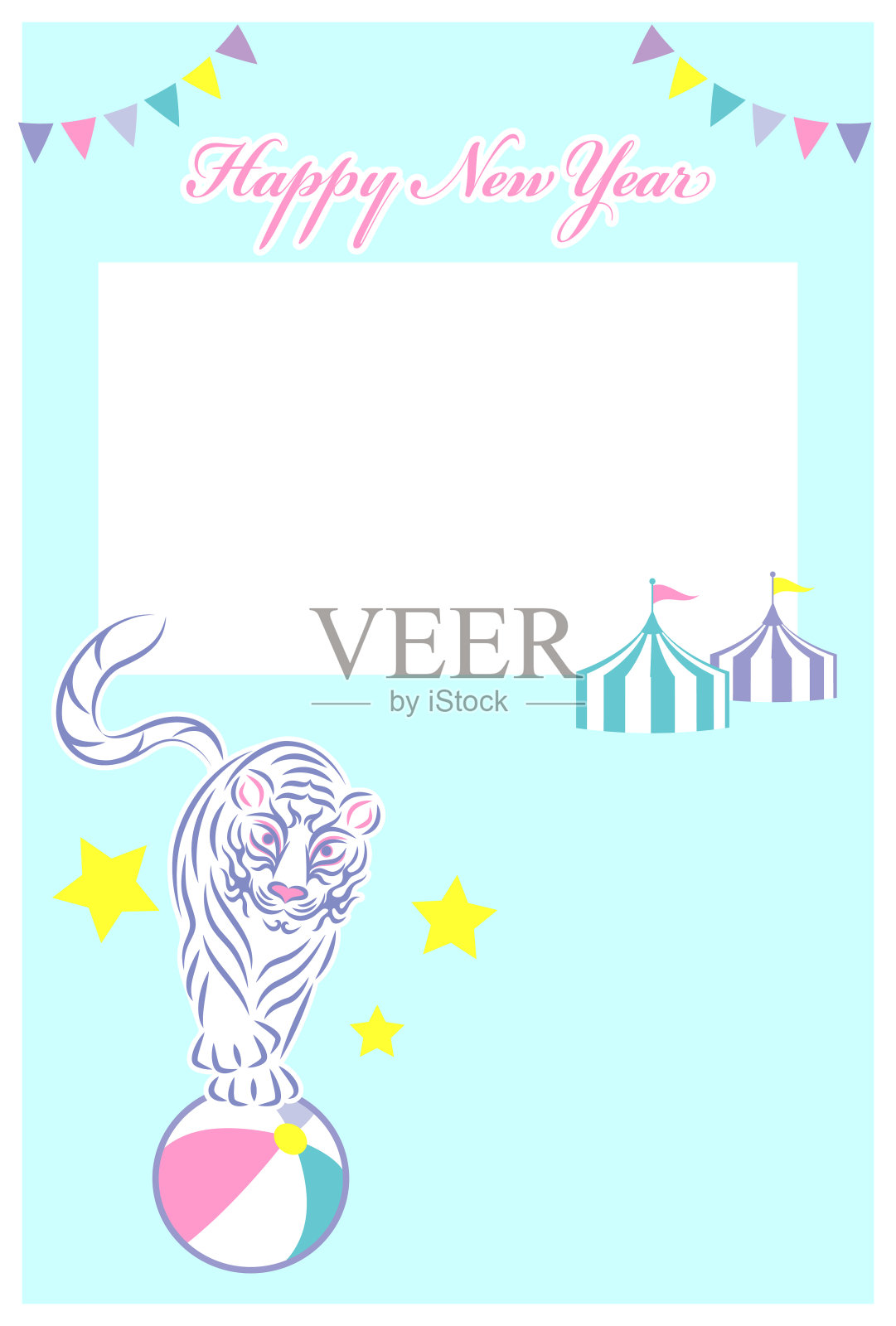 新年贺卡与照片空间的马戏团的老虎是骑球加兰帐篷插图矢量新年贺卡与照片空间。一只马戏团的老虎正在骑球。花环。帐篷。插图。向量。插画图片素材