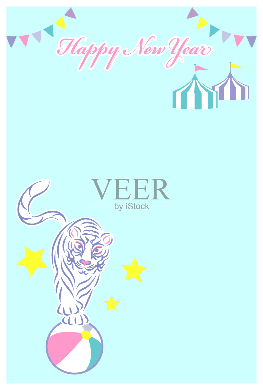 马戏剧团骑虎球花环帐篷插图矢量新年卡片。马戏团的老虎正在骑球。花环。帐篷。插图。向量。插画图片素材