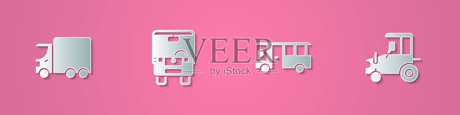 设置剪纸货车，巴士，拖拉机图标。纸艺术风格。向量图标素材