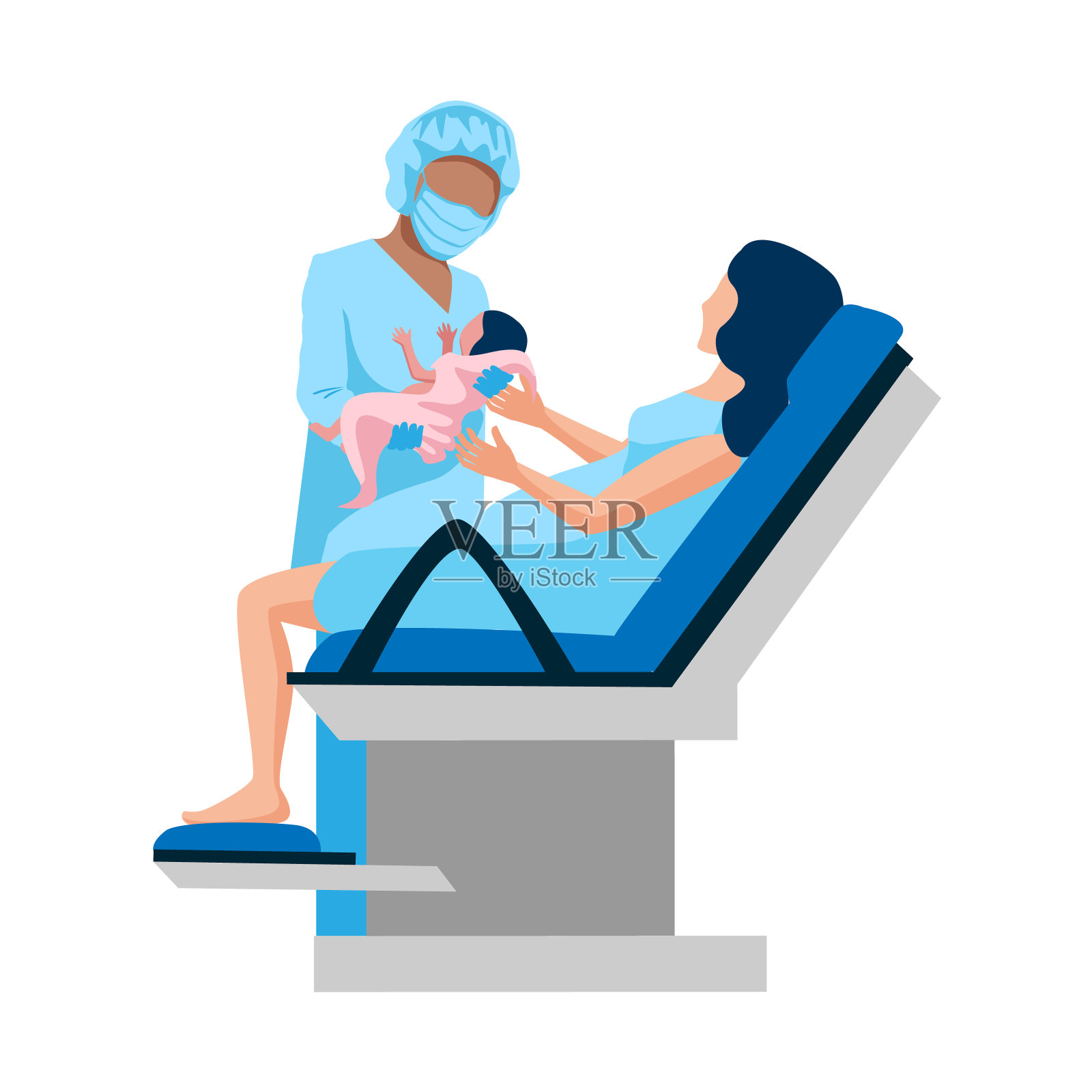 快乐的女人在产房里带着一个新生儿插画图片素材