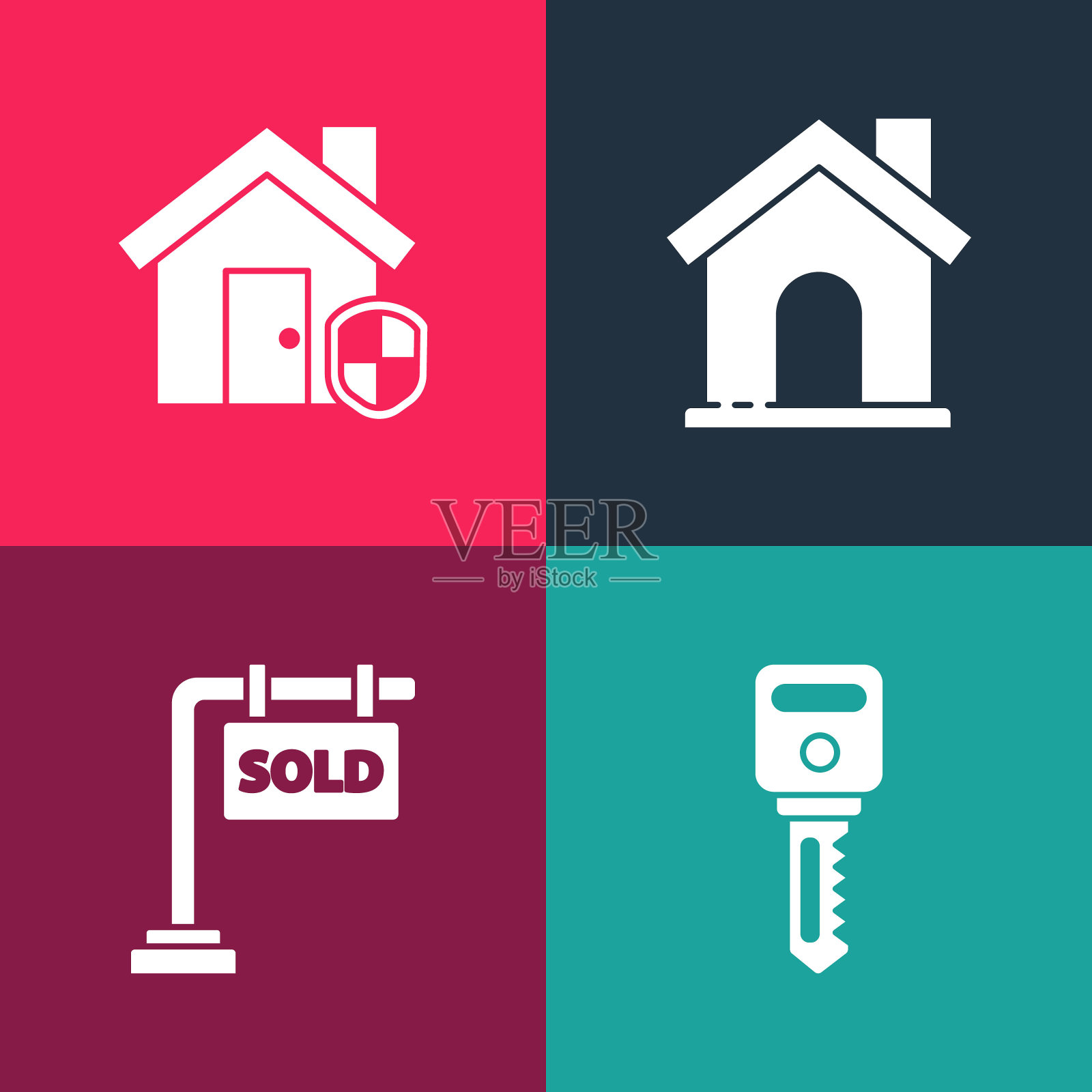 设置波普艺术的房子钥匙，悬挂标志与出售，并在保护图标。向量插画图片素材