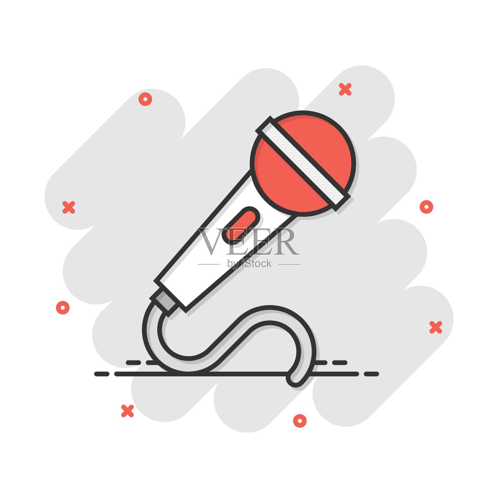 麦克风图标在漫画风格。麦克风广播矢量卡通插图象形图。麦克风麦克风演讲企业概念飞溅效果。设计元素图片