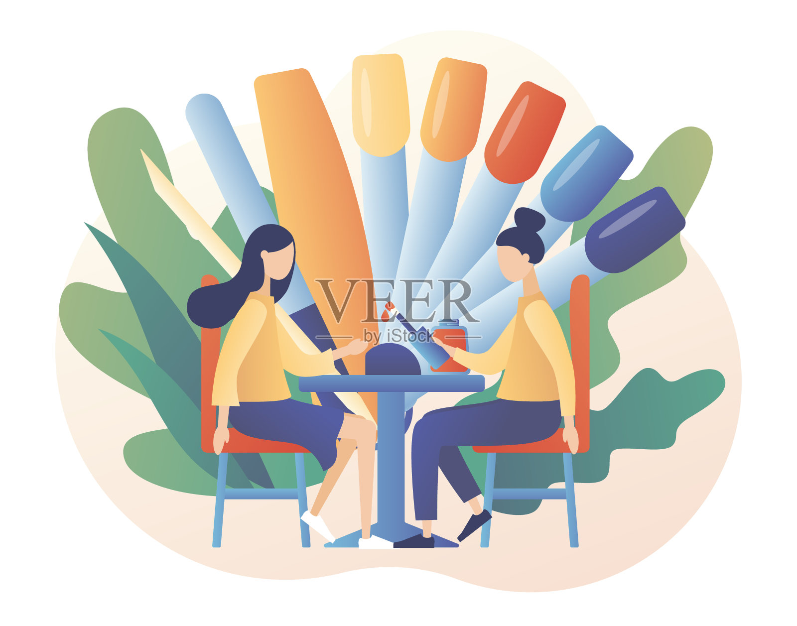 指甲修饰师服务。指甲工作室。美甲大师正在做指甲护理和设计。美容院的概念。不同的美甲工具。现代扁平卡通风格。矢量图插画图片素材