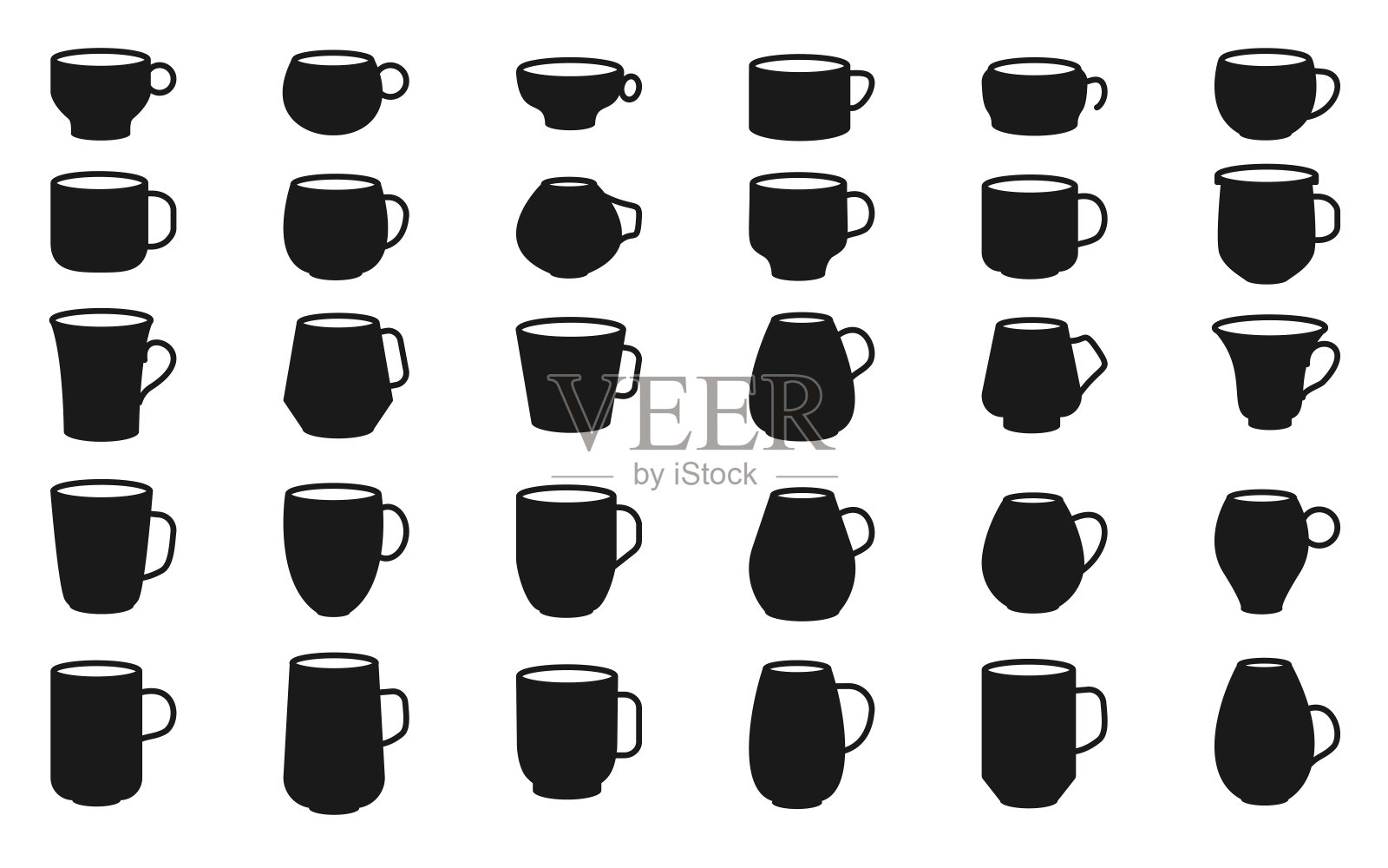 咖啡杯或茶杯杯上的黑色象形图集合向量图标素材