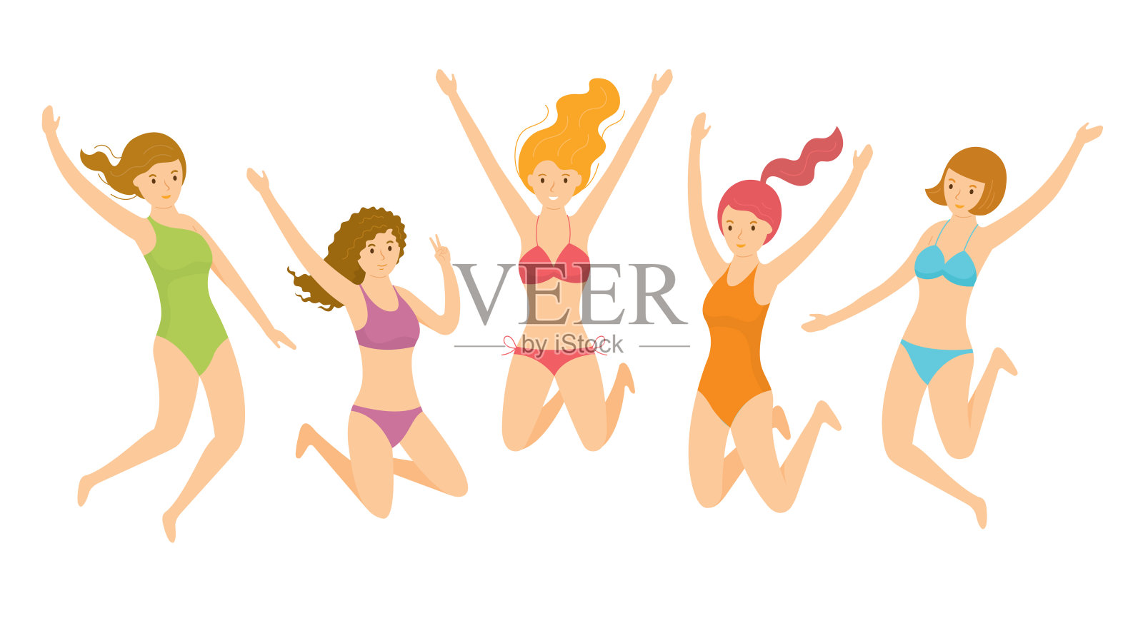 一群女孩穿着泳衣跳插画图片素材