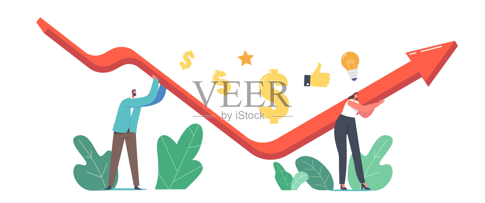 经济复苏，复兴概念。商人和女商人角色一起工作上升V形箭头图插画图片素材