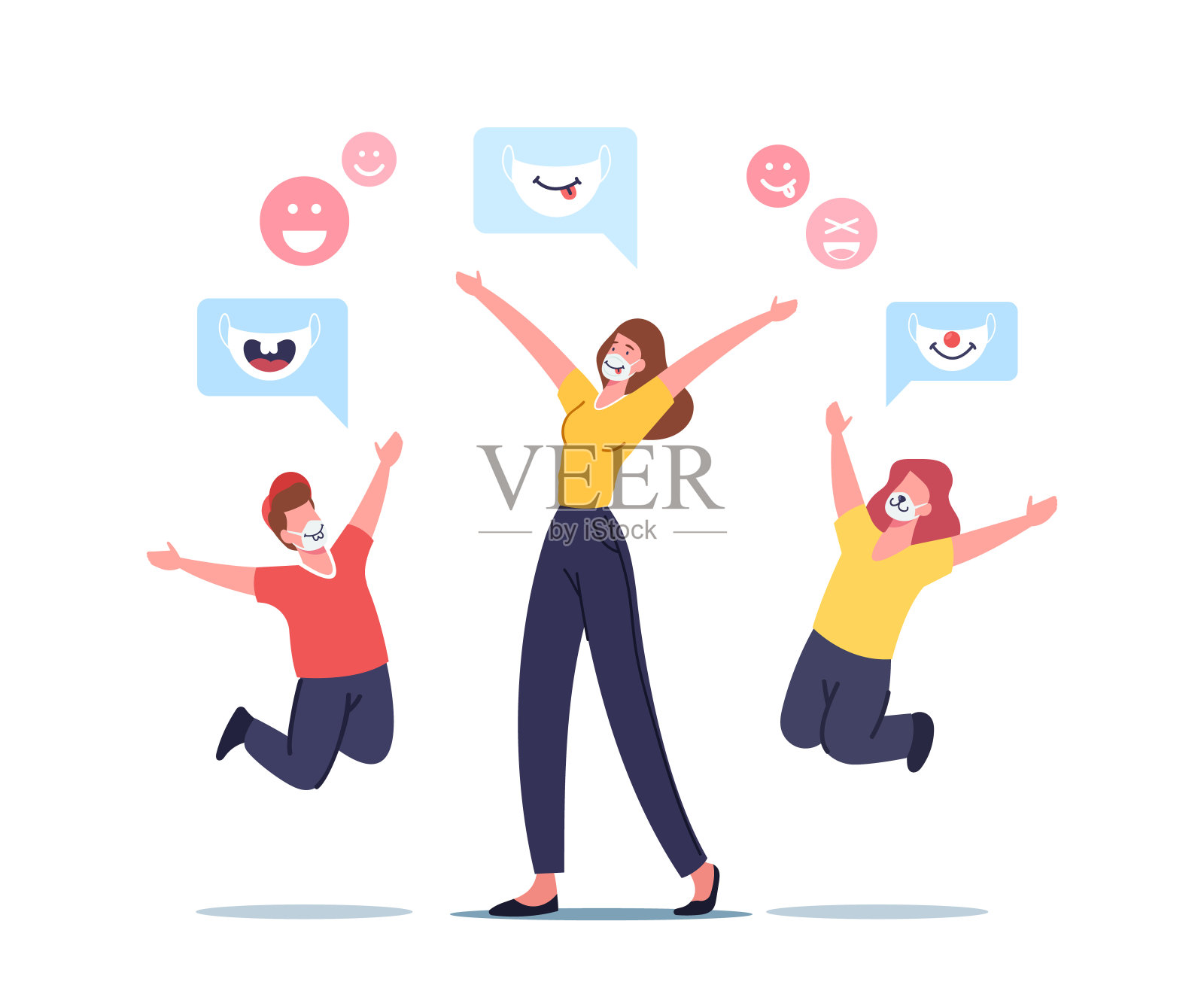 快乐的家庭角色母亲和孩子高兴，人们戴着有趣的孩子面具和动物嘴插画图片素材