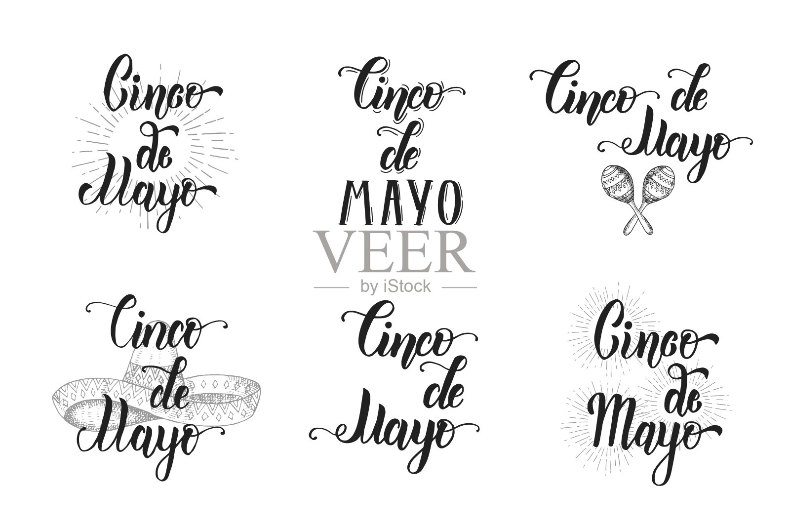 五月五日手工刻字集。颜色复古插图墨西哥符号在素描风格孤立在白色。文字书法短语。插画图片素材