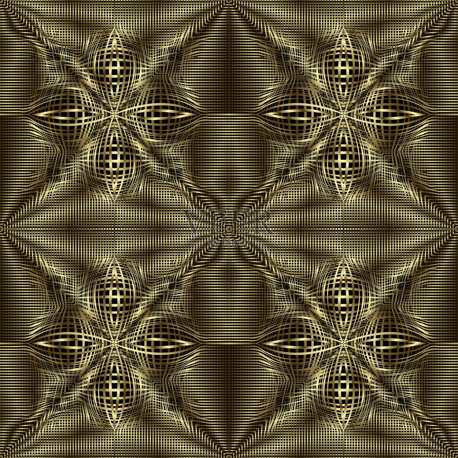 黄金豪华3d矢量无缝模式。观赏网格背景。线条艺术表面布料装饰。纹理花重复的背景。现代的条纹设计。抽象的花朵。无尽的3 d纹理插画图片素材