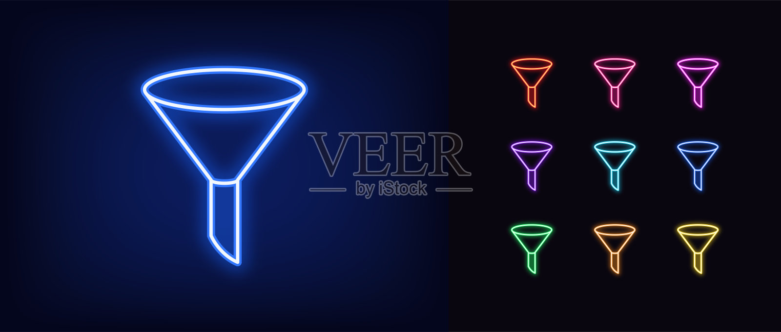 霓虹销售漏斗图标。霓虹灯漏斗标志，轮廓转换工具插画图片素材