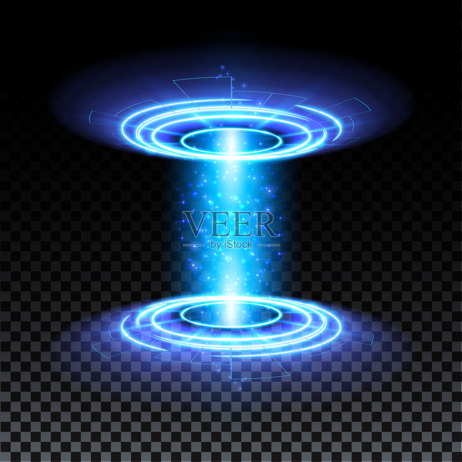 蓝色的全息图的门户。神奇的幻想门户。具有全息效果的魔法圆传送平台。向量蓝色辉光与火花在透明背景射线插画图片素材