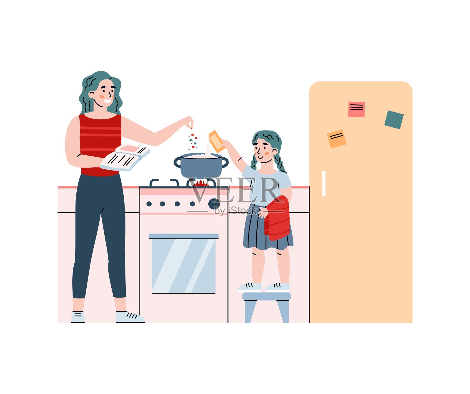 母亲教和帮助女儿做饭，孤立的卡通矢量插图。设计元素图片