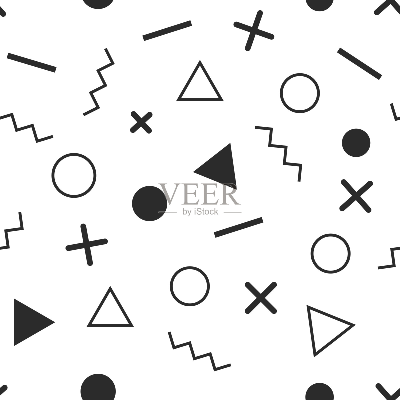 几何矢量模式与黑色和白色。形成一个三角形，一条线，一个圆和一个十字。风格。插画图片素材