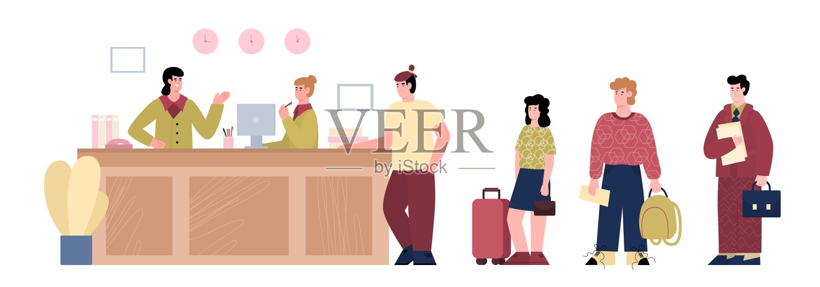 前台在酒店大堂与接待员和排队的人与行李插画图片素材