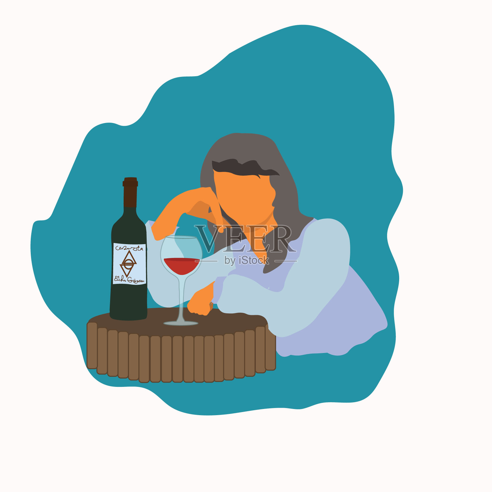 黑头发的女人坐在一杯葡萄酒前面插画图片素材