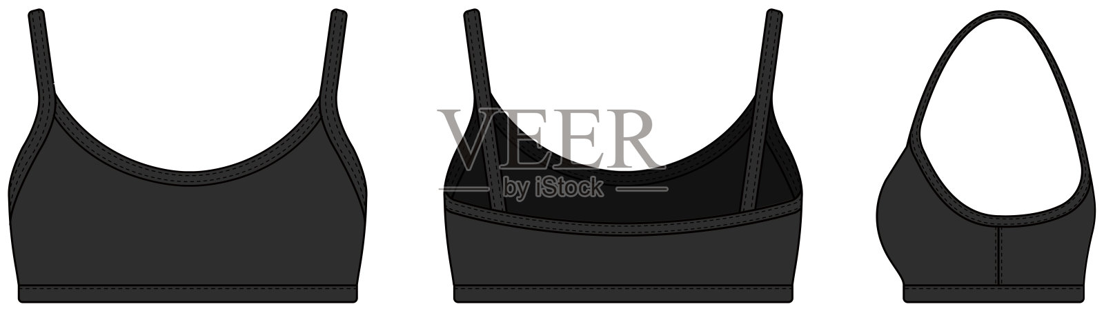女人的运动胸罩模板矢量插图(前面，后面，侧面)|黑色插画图片素材