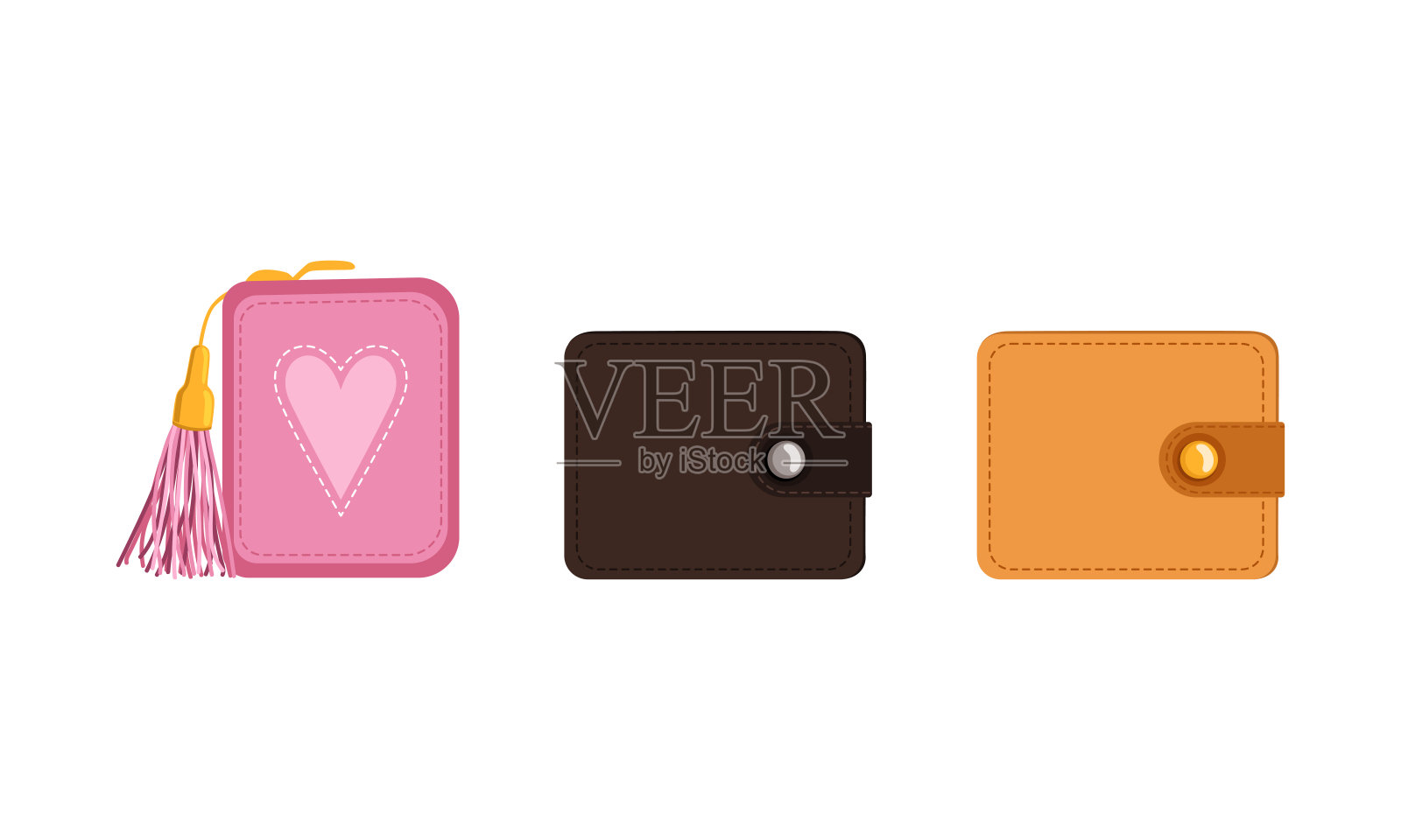 钱包作为小扁平的情况下携带个人物品，如纸币和信用卡向量集插画图片素材