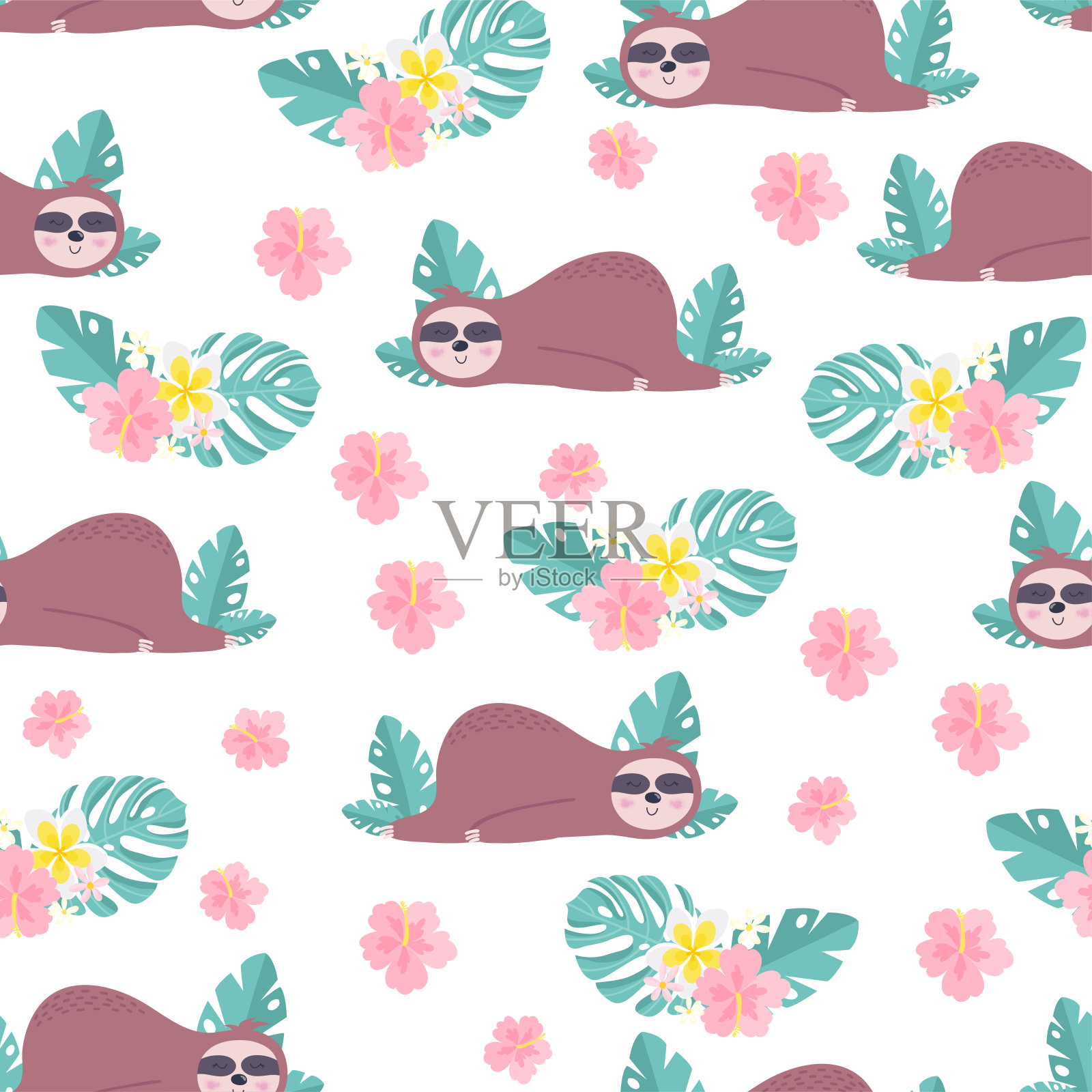 无缝的热带图案，有趣的树懒挂在树上。酷酷的卡通夏季印花与热带花卉和树叶。向量插画图片素材