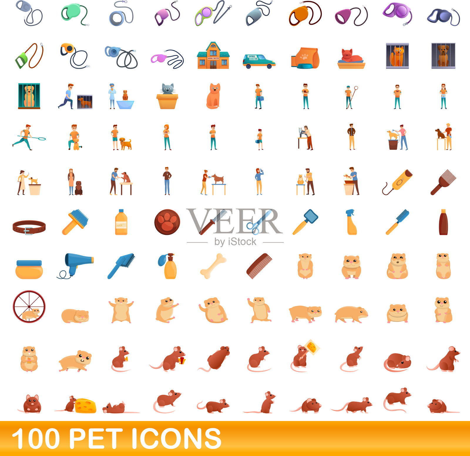 100个宠物图标设置卡通风格图标素材