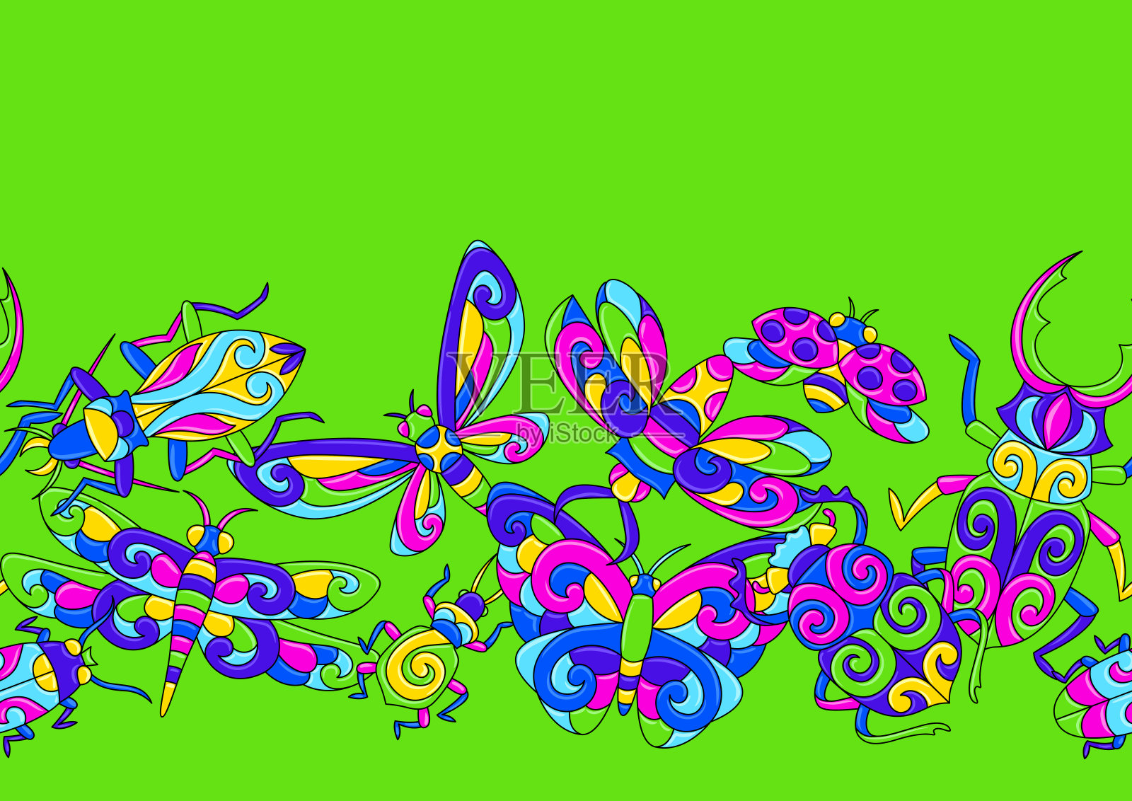 无缝模式与程式化的虫子和昆虫。墨西哥陶瓷可爱天真的艺术。插画图片素材