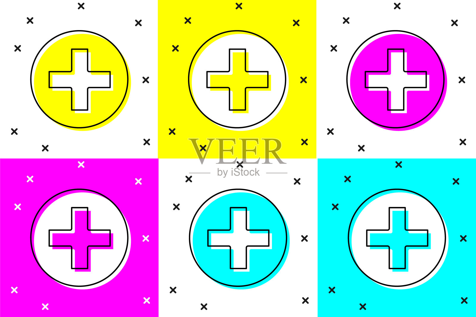 设置十字医院医疗图标隔离的颜色背景。急救。诊断的象征。药品和药房标志。矢量图插画图片素材