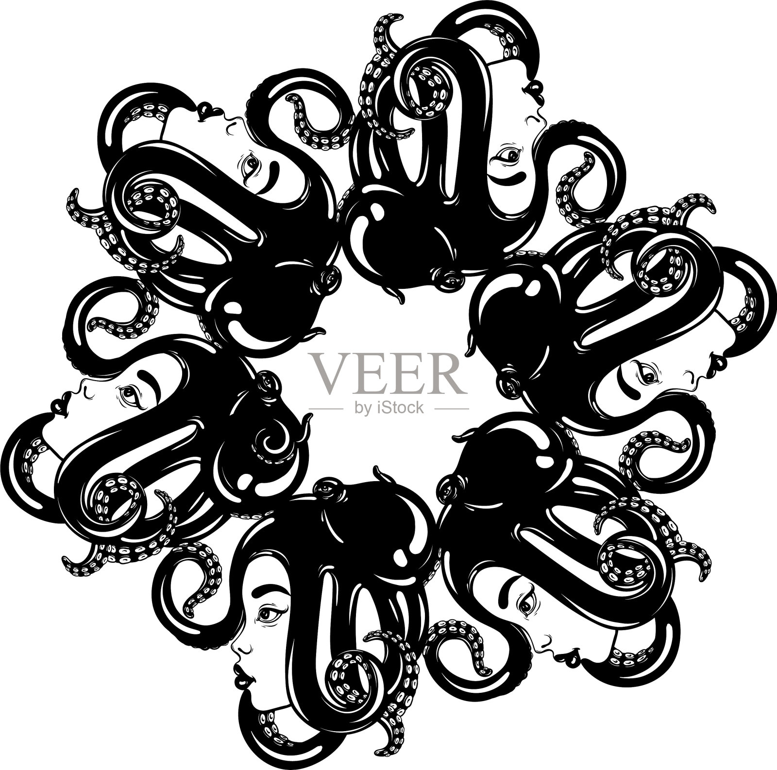 手绘女性侧面与章鱼在她设计元素图片
