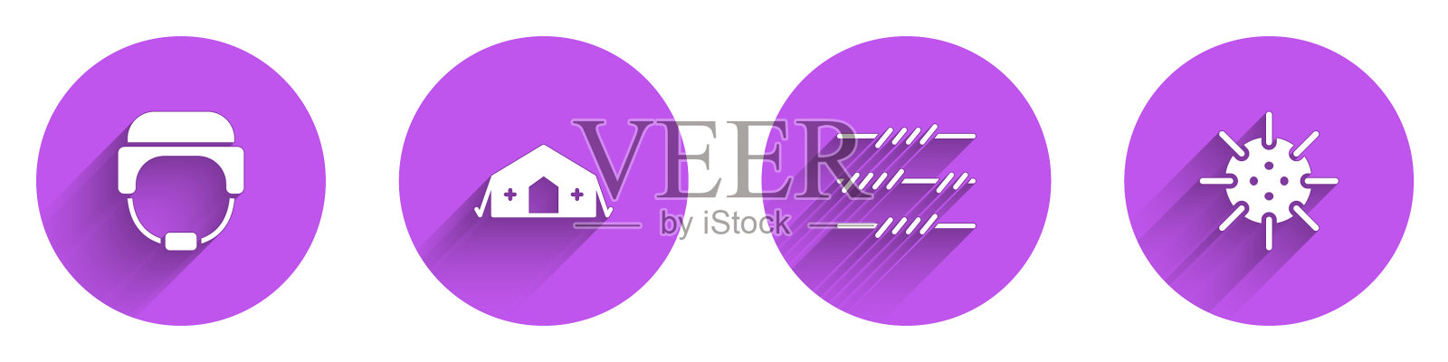 设军用头盔和医疗帐篷带刺铁丝网图标素材