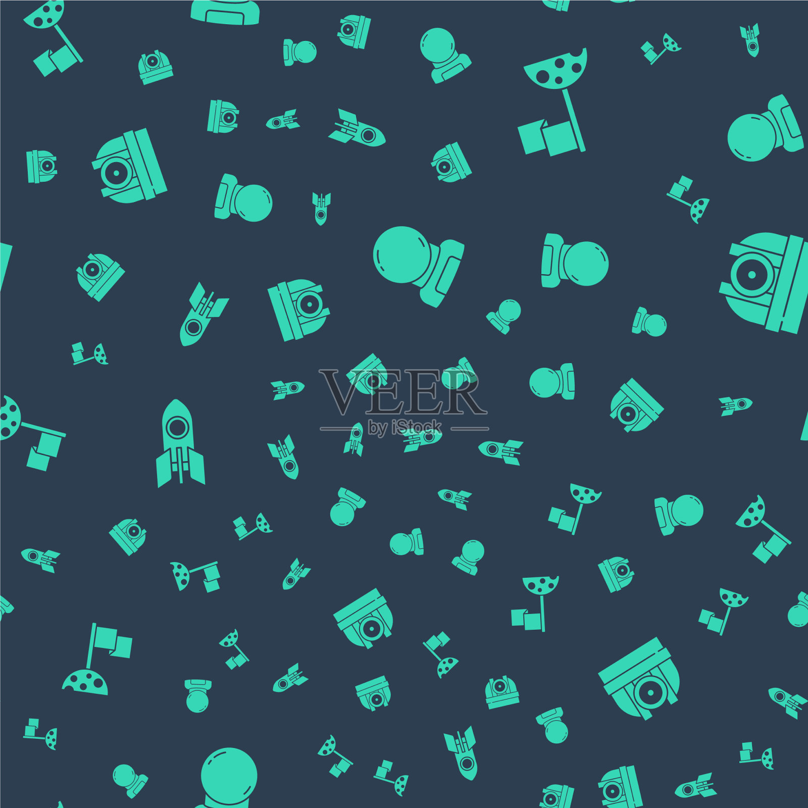 将宇航员头盔与旗帜火箭飞船放在月球上图标素材