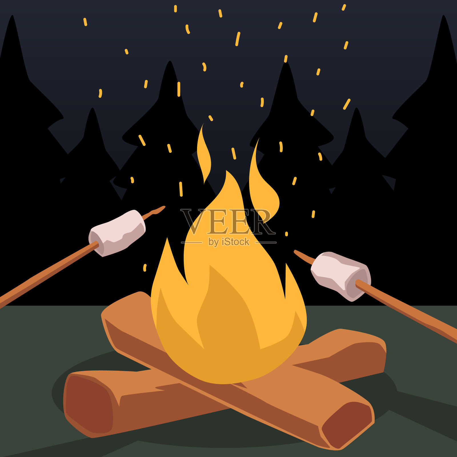 在篝火上烤棉花糖卡通符号插画图片素材