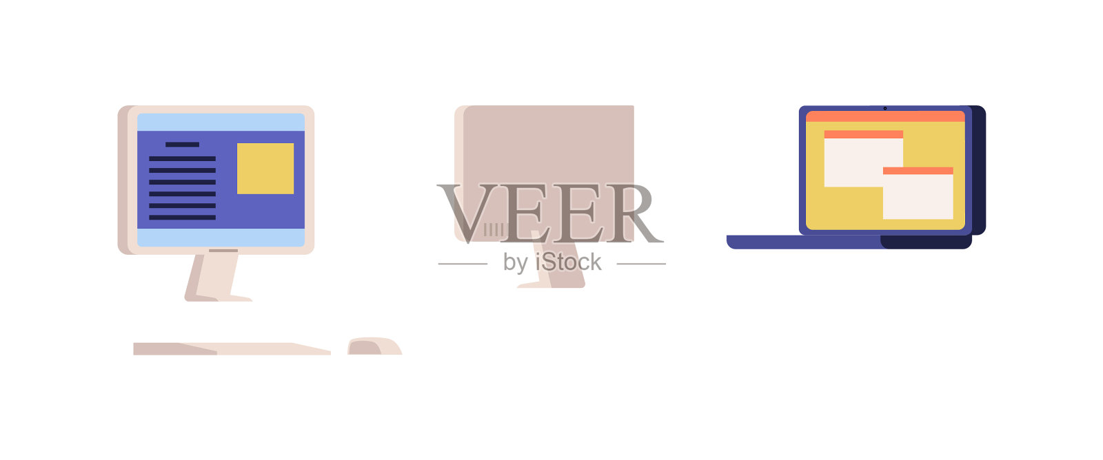 设置笔记本电脑和PC电脑卡通图标平面图标素材