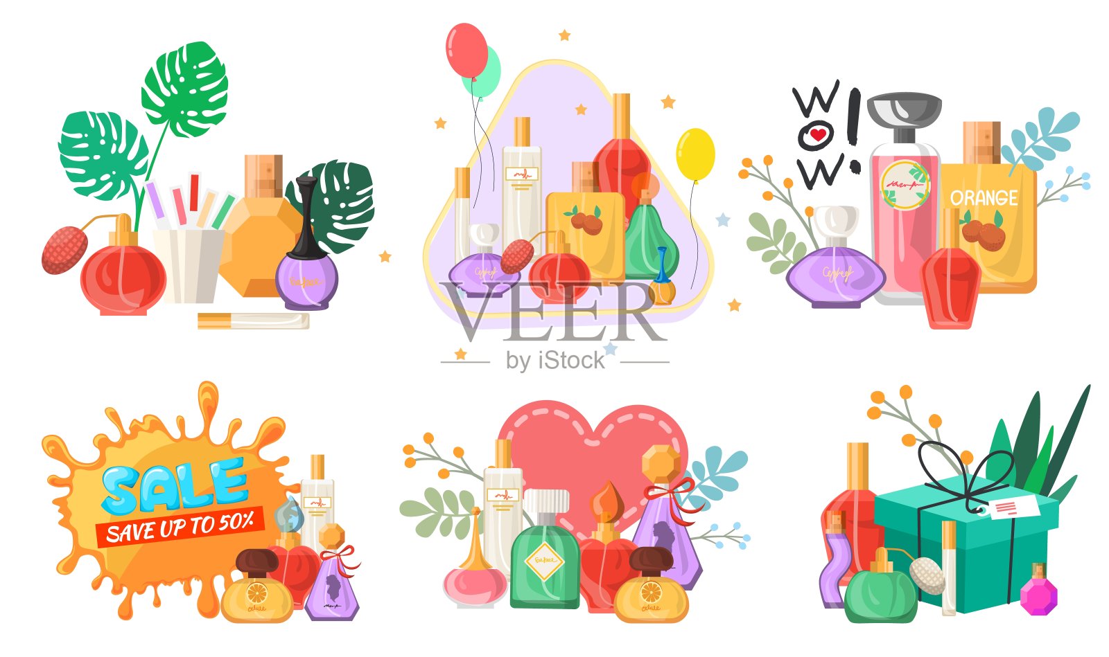 香水套装，平面矢量隔离插图。香水店的季节性和假日销售和折扣促销横幅。插画图片素材