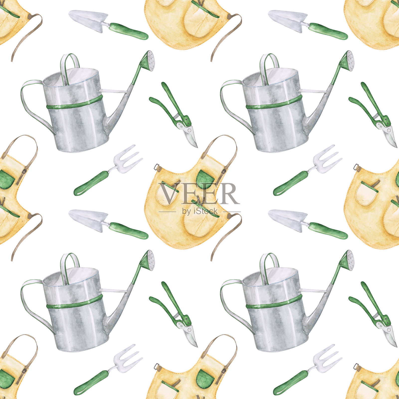 园艺工具无缝图案上的白色背景。水彩园林工具无穷无尽的打印。农舍手绘墙纸。花园围裙，软管，手推车，绳子，铁锹，雨靴，手套，可以。插画图片素材