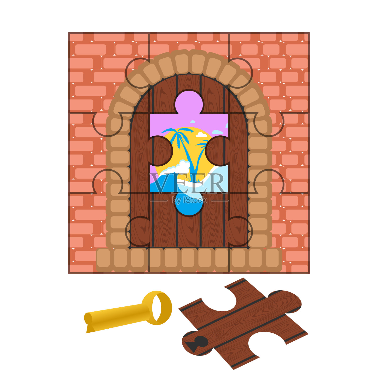 带有拼图门的砖墙。梦想在热带岛屿上度假。书中插图。向量插画图片素材