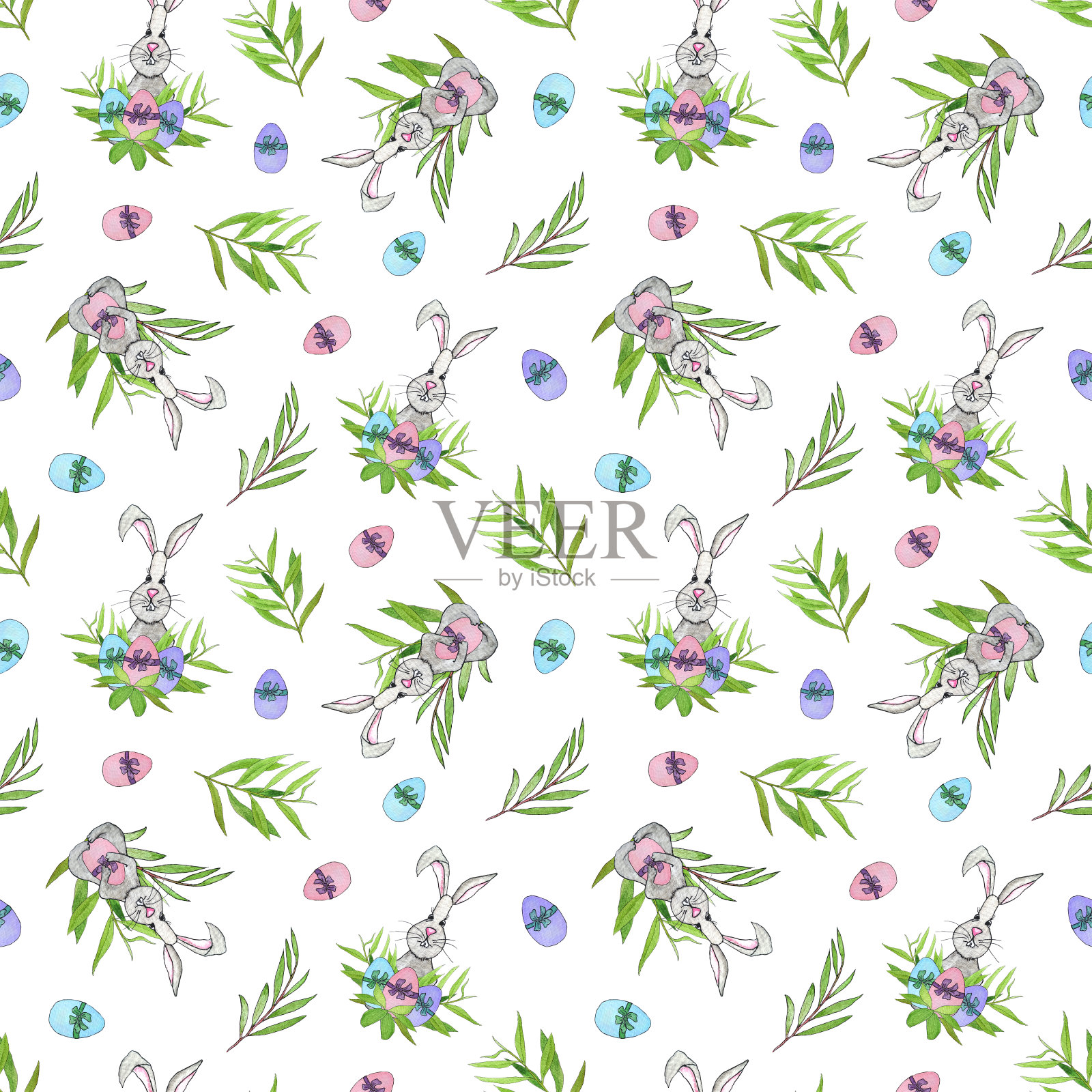水彩复活节图案兔子。兔子和一个鸡蛋。复活节可爱的兔子。柳枝带叶。复活节包装设计。灰色的兔子。复活节灰色的兔子。插画图片素材