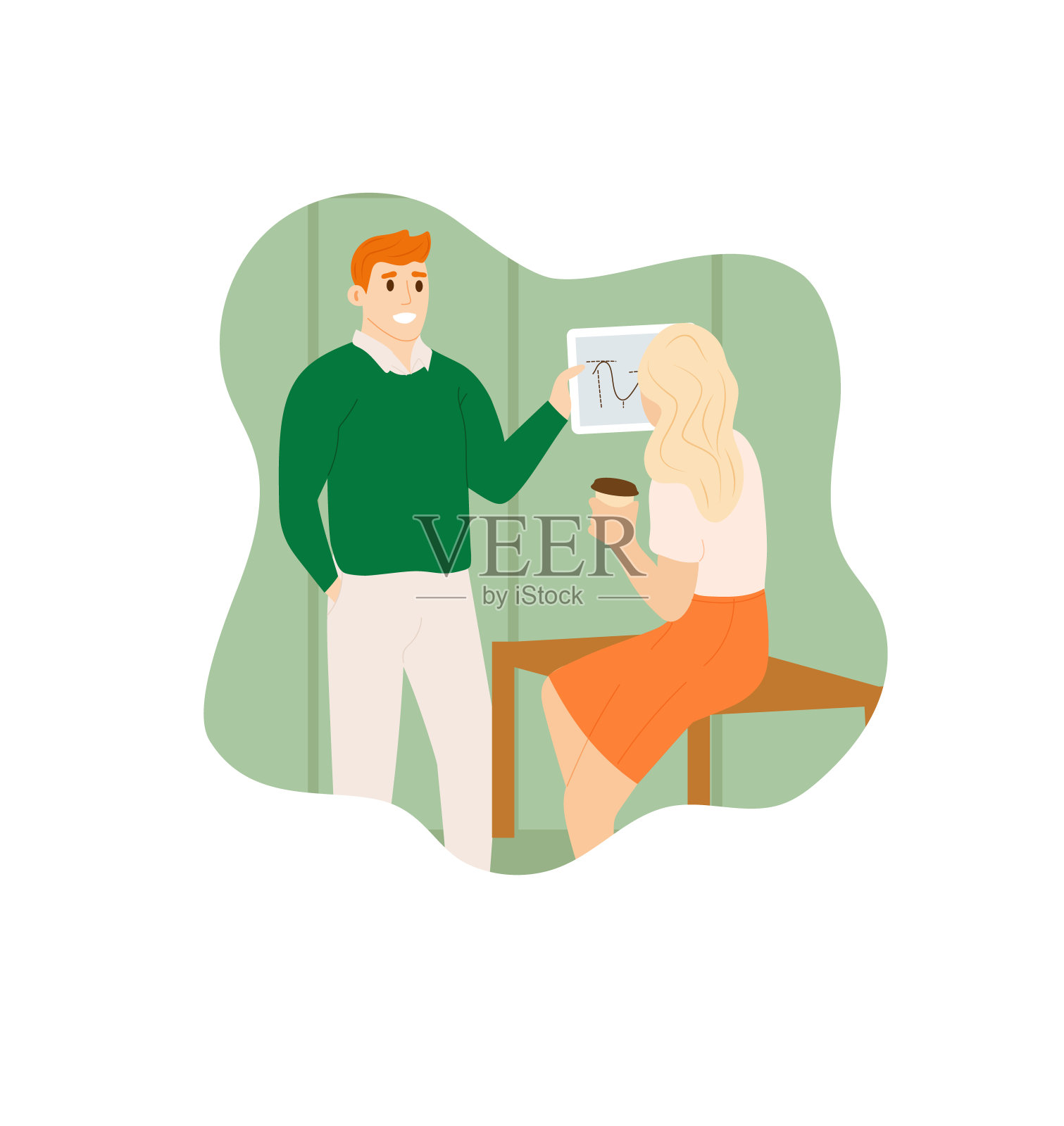 同事在喝咖啡休息时间讨论图表统计插画图片素材