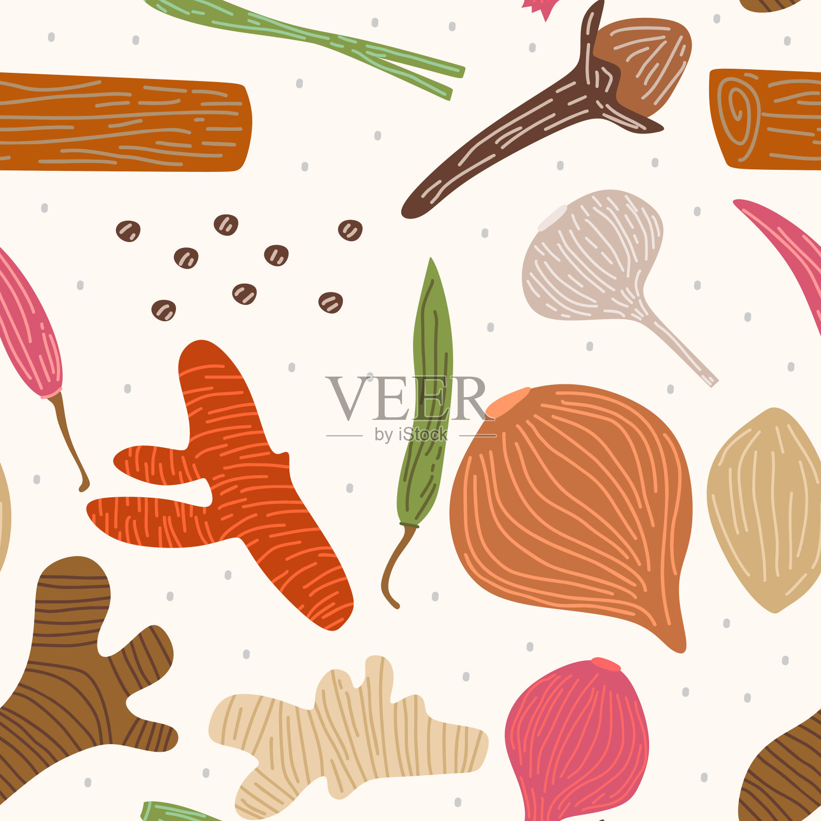 矢量无缝图案的香草如姜，辣椒，洋葱，红洋葱，大蒜，丁香，柠檬草，姜黄。为纸张、封面、织物、室内装饰和其他用途设计香料草图。插画图片素材