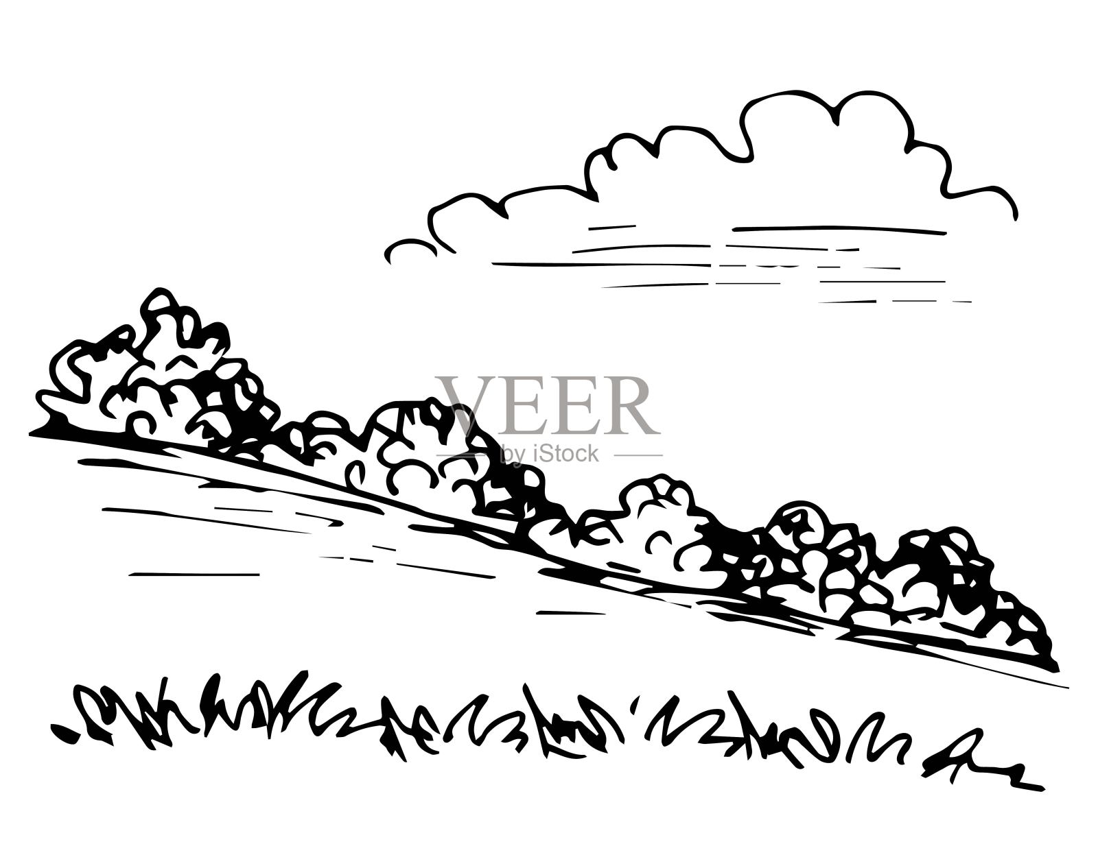 简单的矢量墨水绘图。自然,景观。树，山上的灌木，云，前景的草。乡村、郊区、休闲旅游。插画图片素材