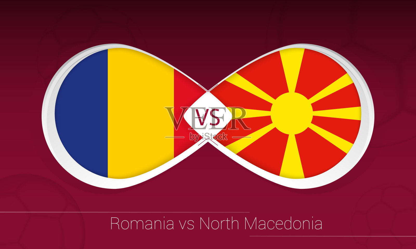 罗马尼亚vs北马其顿在足球比赛，j组vs图标在足球背景。设计模板素材