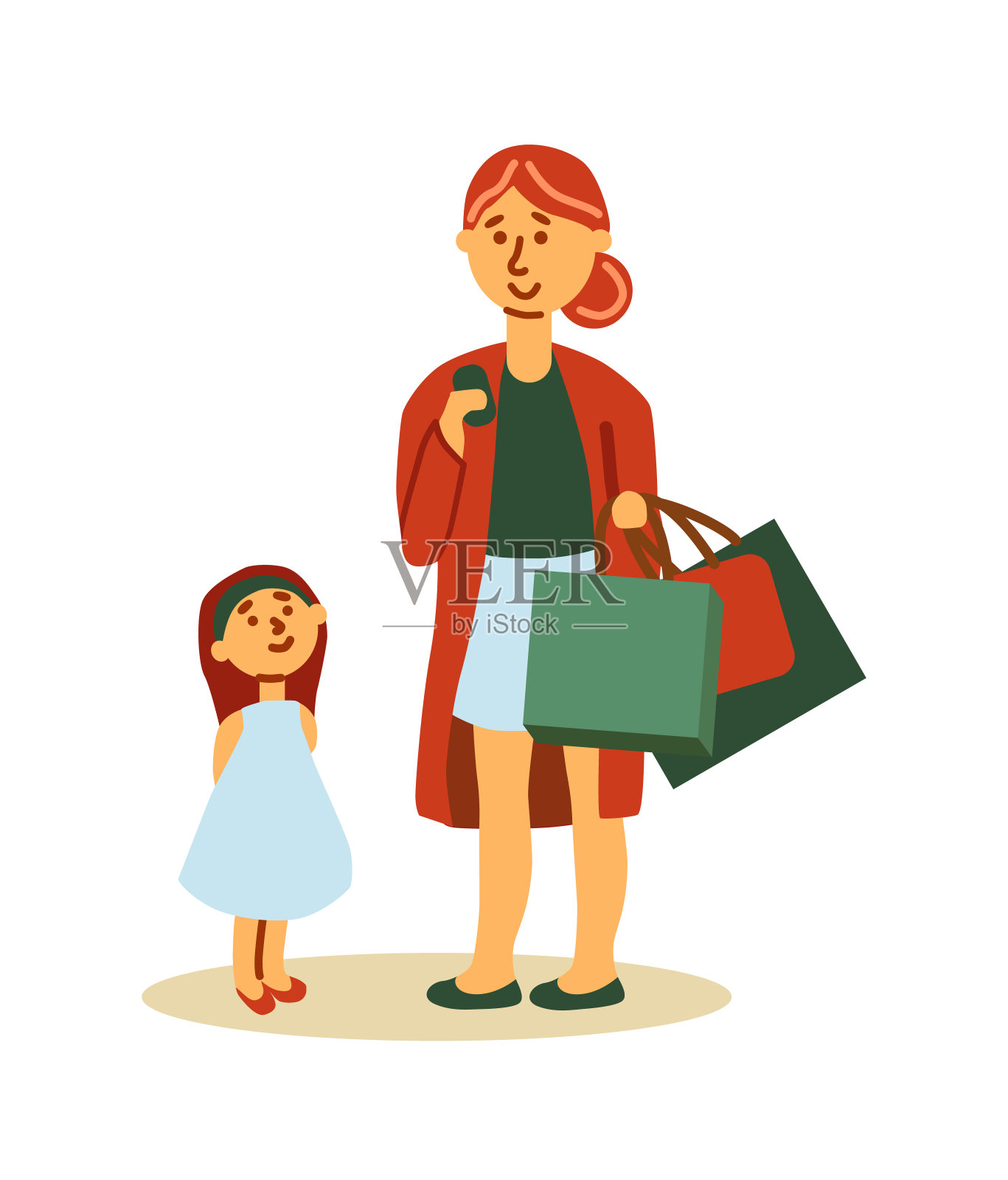 母亲拿着购物袋和女儿隔离在白色插画图片素材