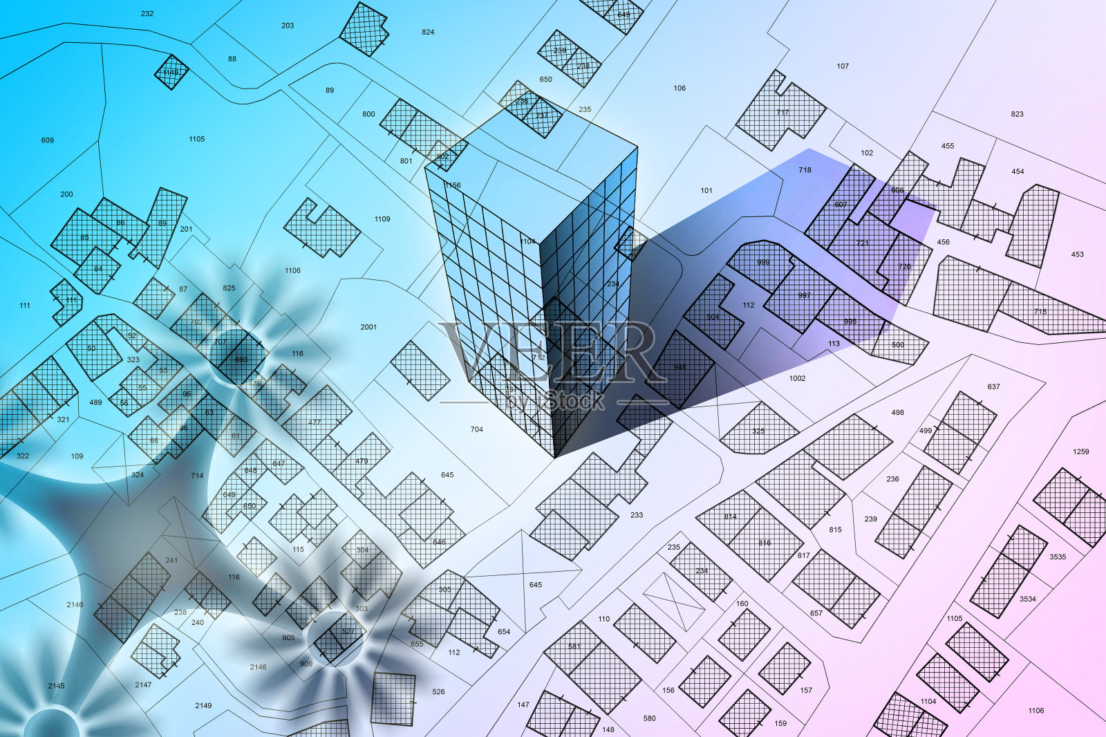 俯视图的一个虚构的城市与建筑物，道路和土地和一架无人机拍摄的航拍照片插画图片素材