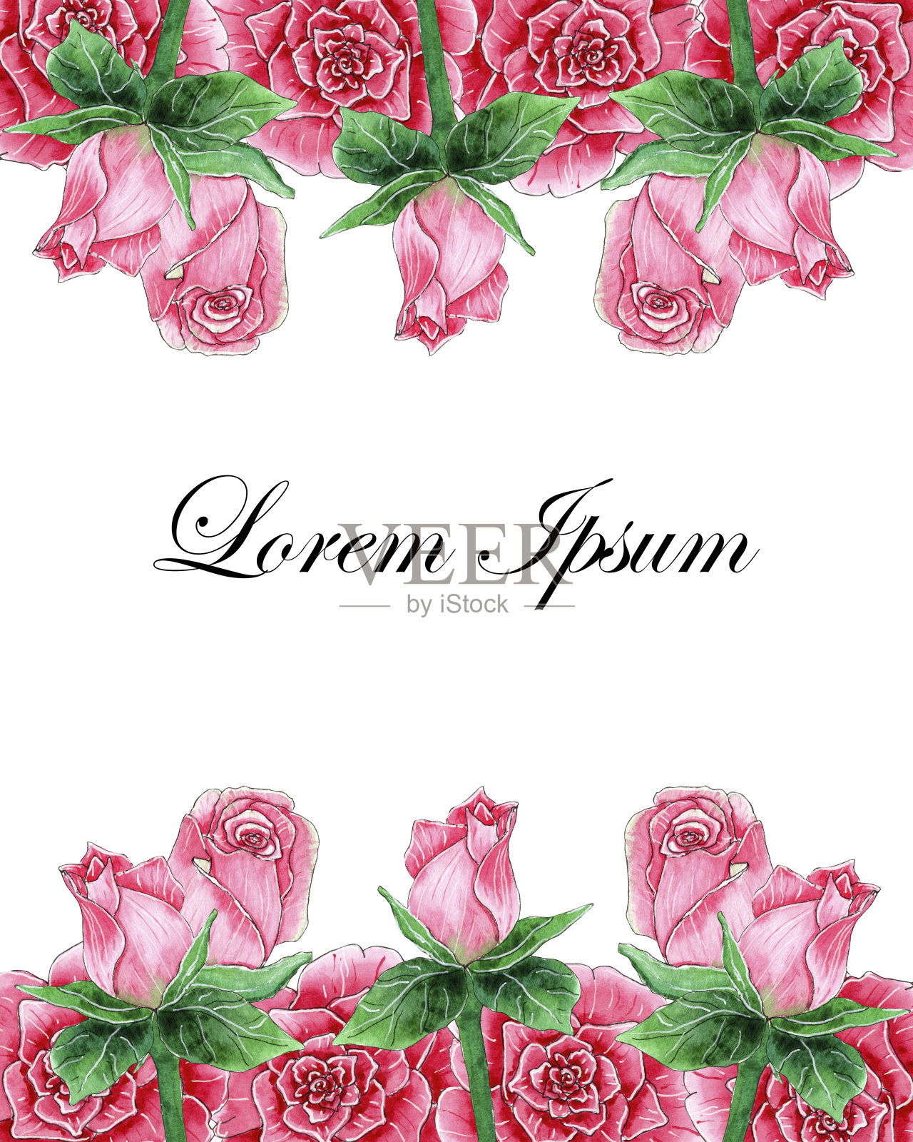 水彩粉红玫瑰花边。插画图片素材