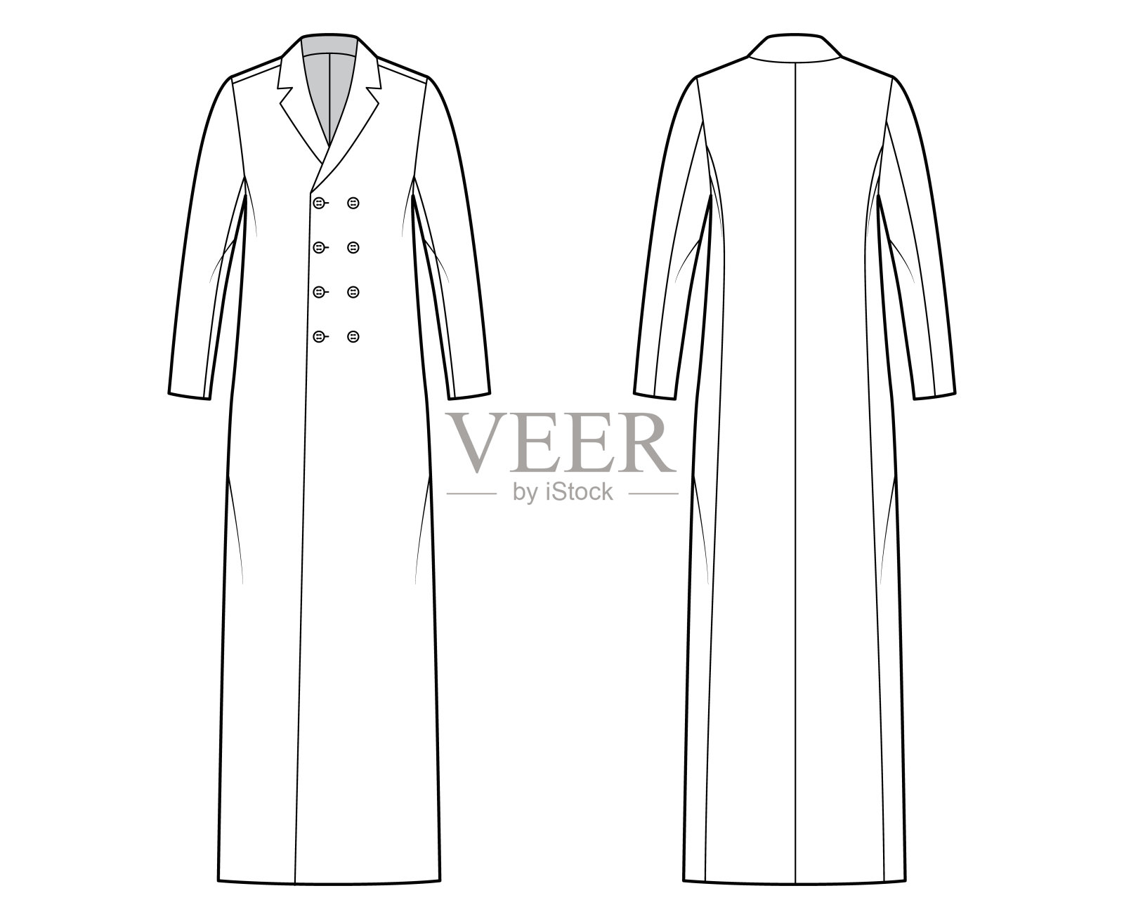 经典的大衣技术时尚插图与长及脚踝的地板，长袖，凹领，双排扣插画图片素材