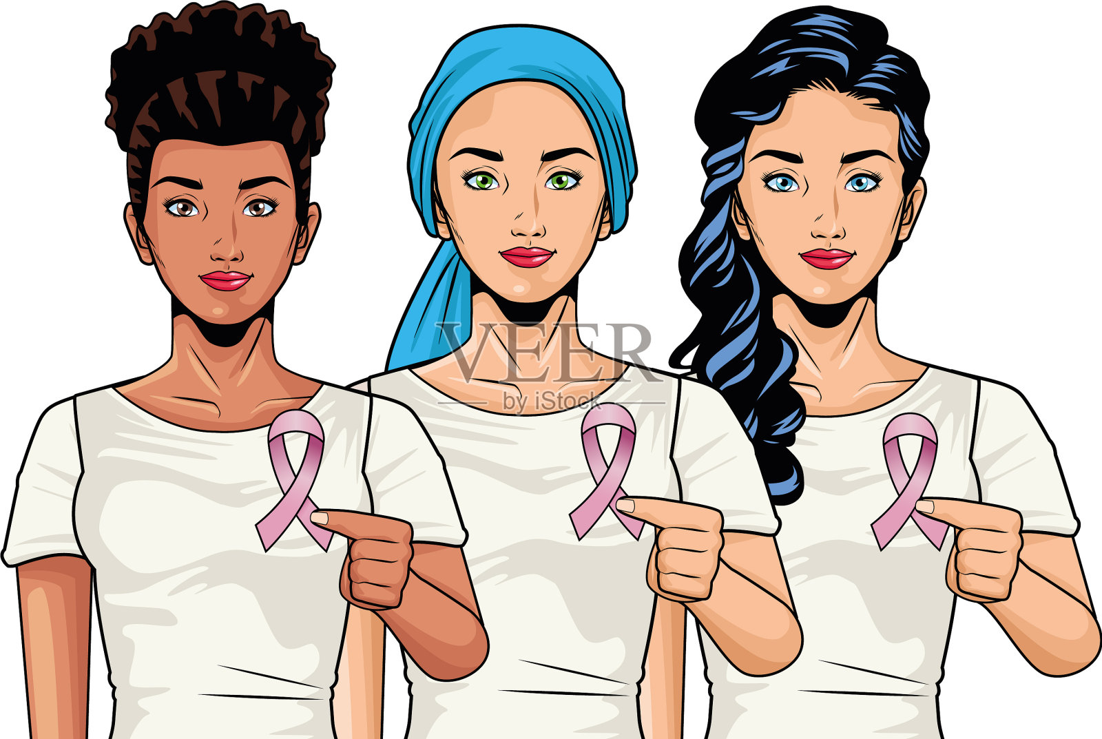 带着粉红丝带的跨种族女孩插画图片素材