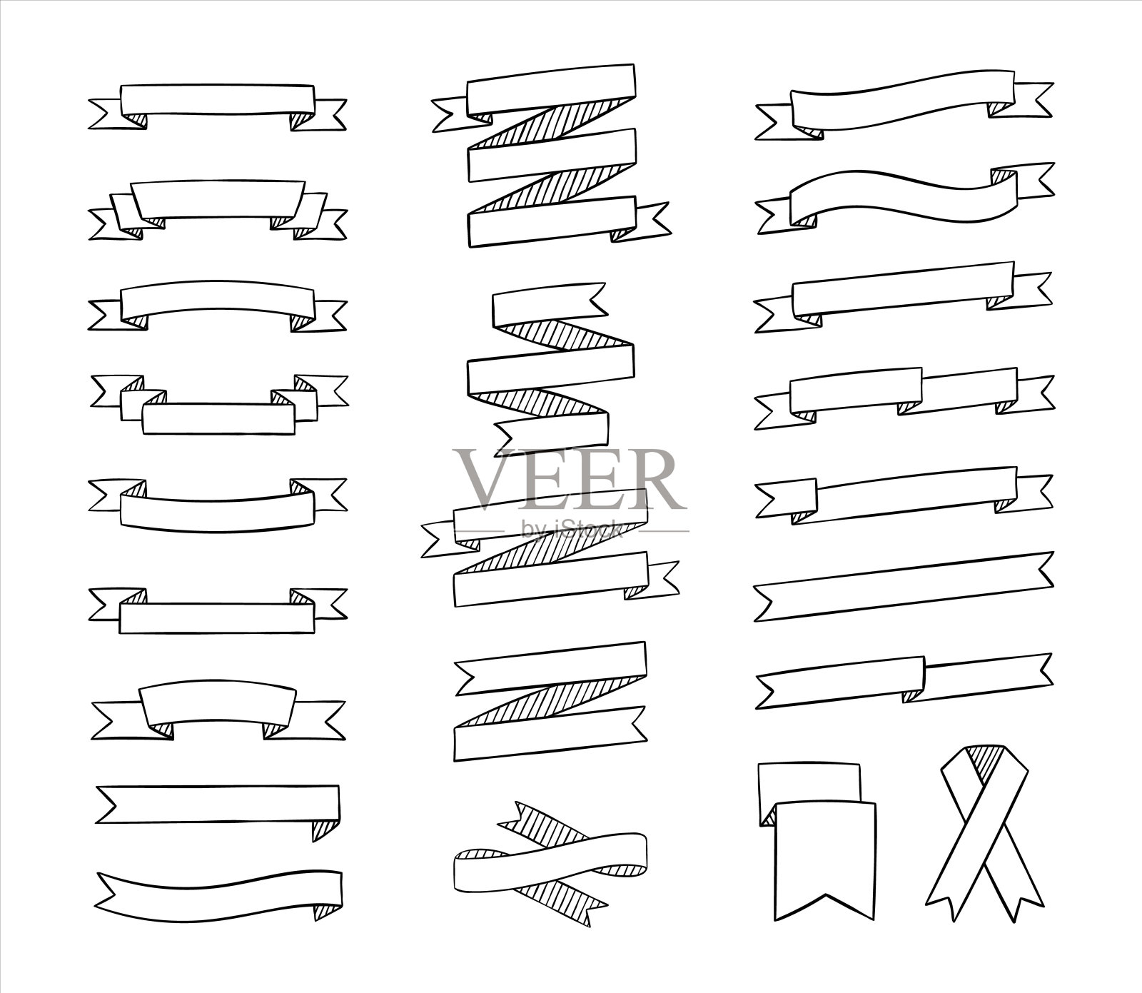 丝带设置在粗略的风格。轮廓手画古董丝带收集文字装饰，旗帜，标签，贺卡。矢量插图。插画图片素材