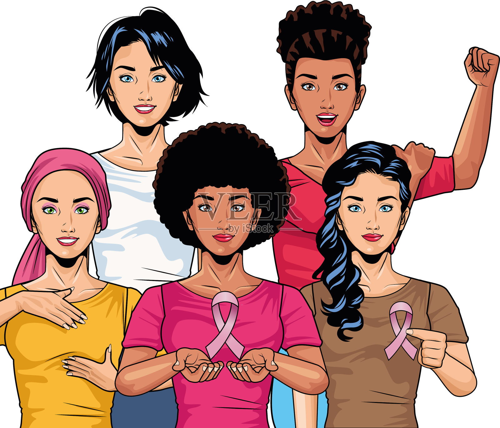 带着粉红丝带的跨种族女孩插画图片素材