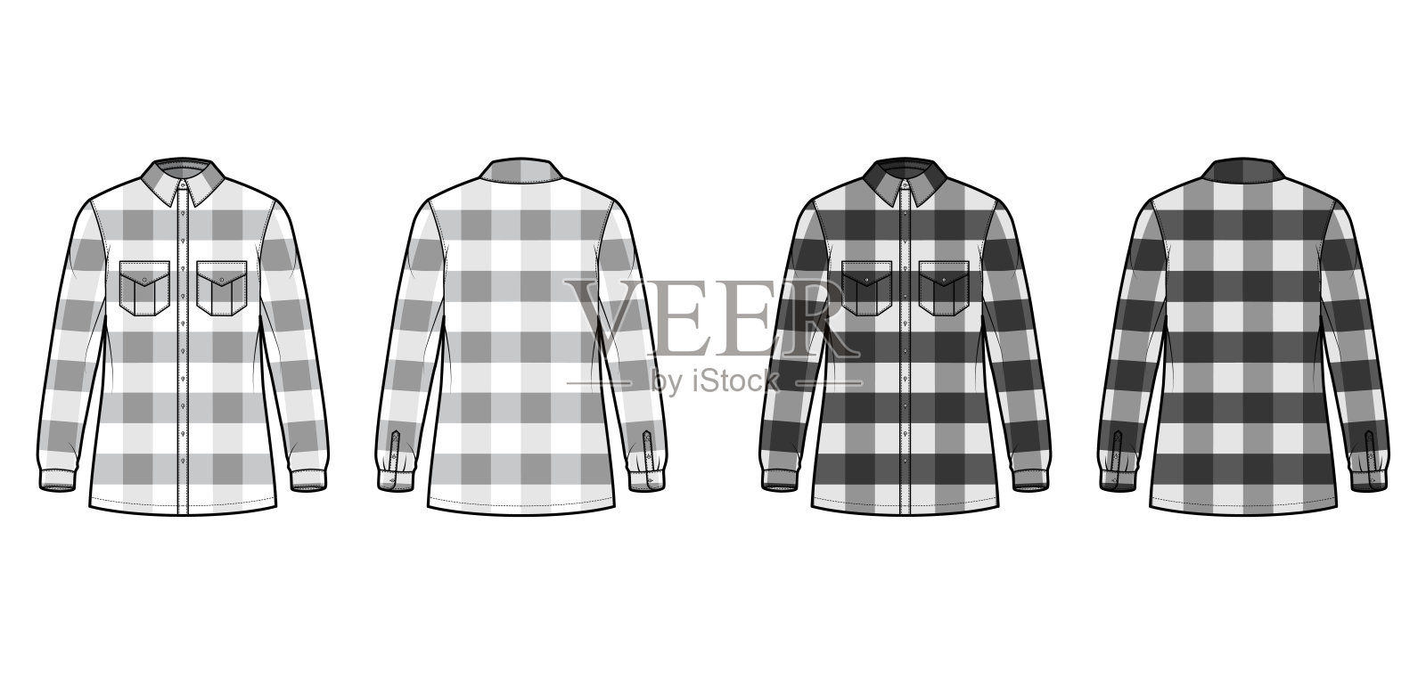木材夹克技术时尚插图与水牛格子图案，超大的身体，皮瓣口袋，经典的衣领插画图片素材