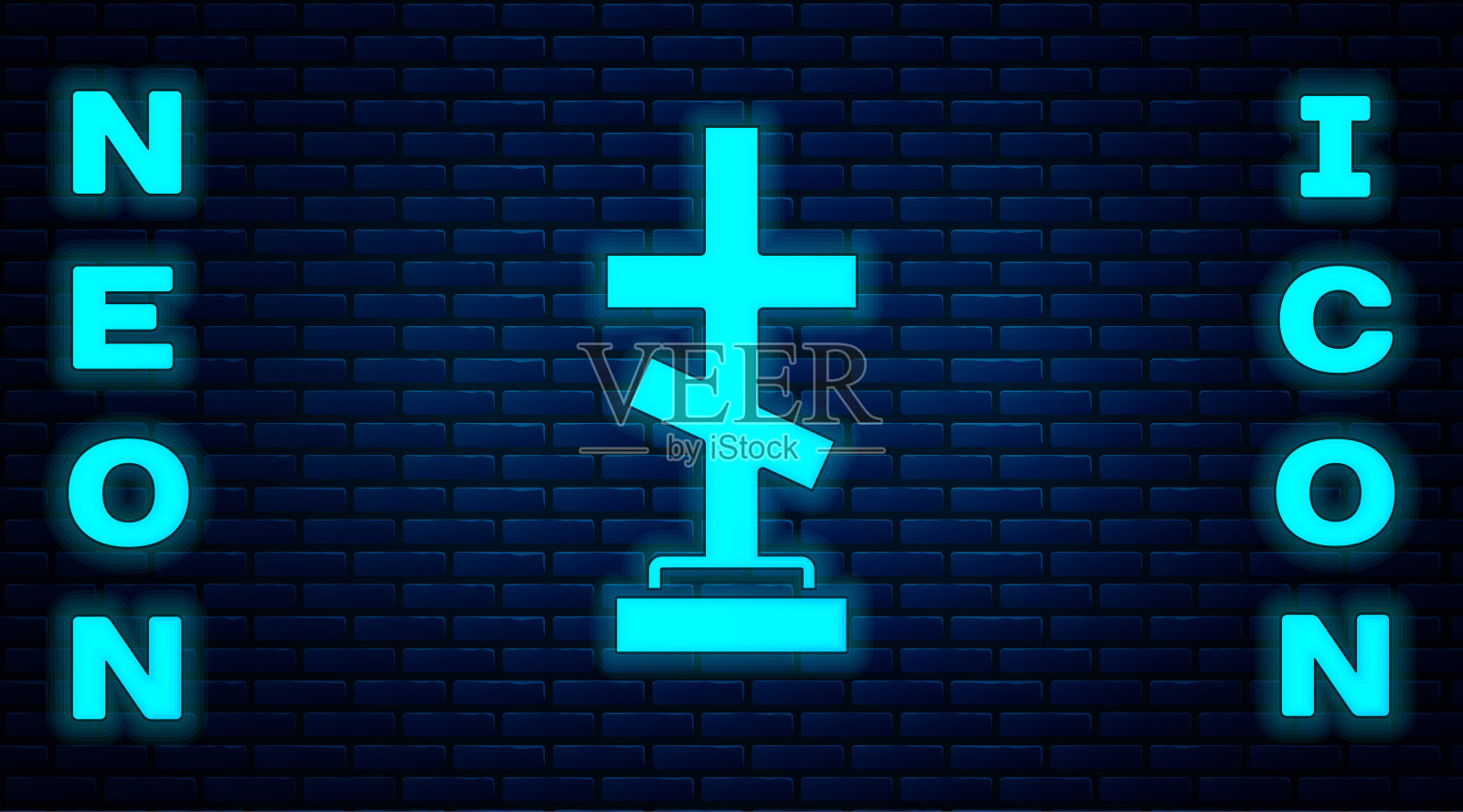 霓虹灯坟墓与十字图标孤立的砖墙背景。向量插画图片素材