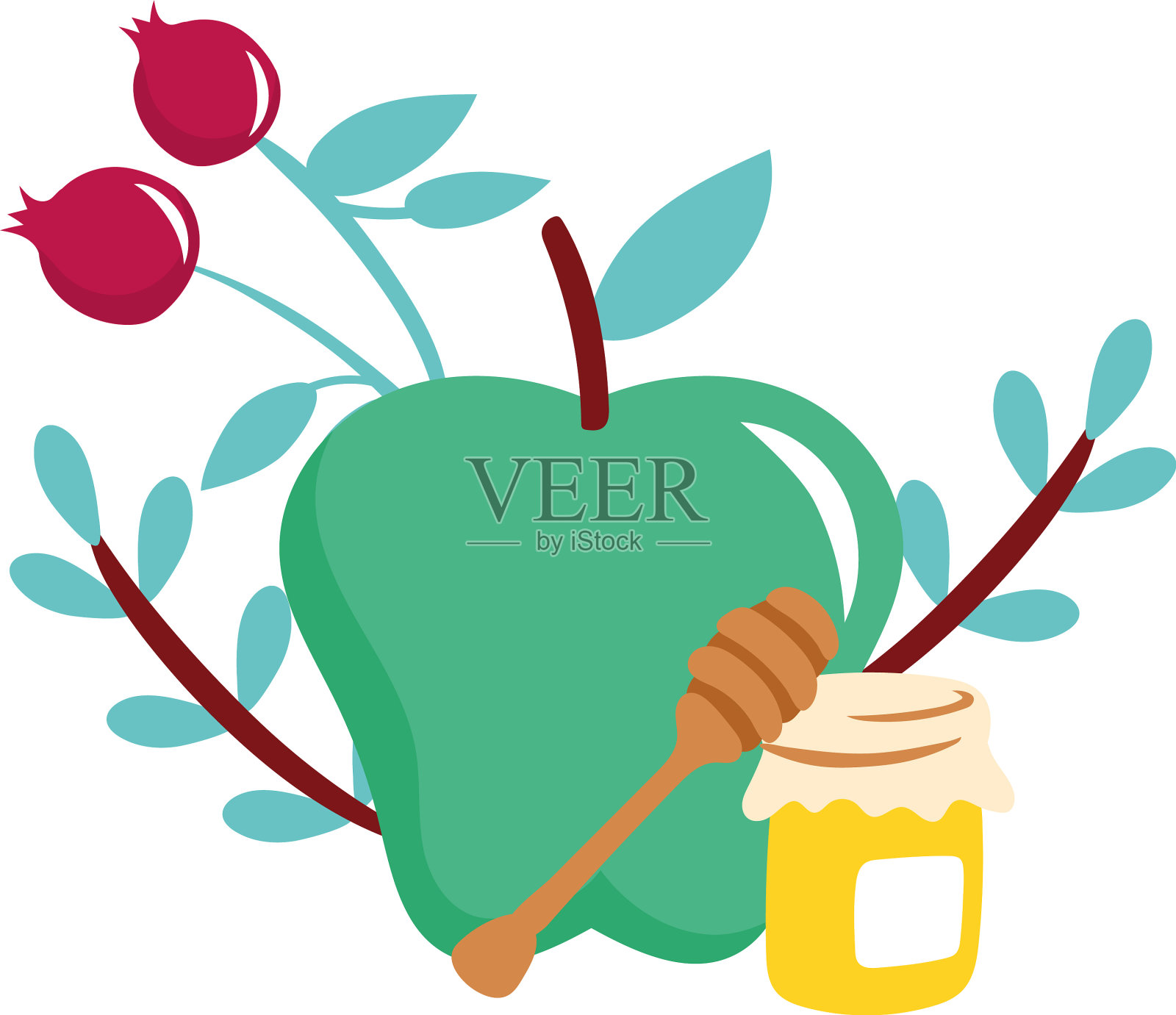 苹果和樱桃配蜂蜜罐设计元素图片