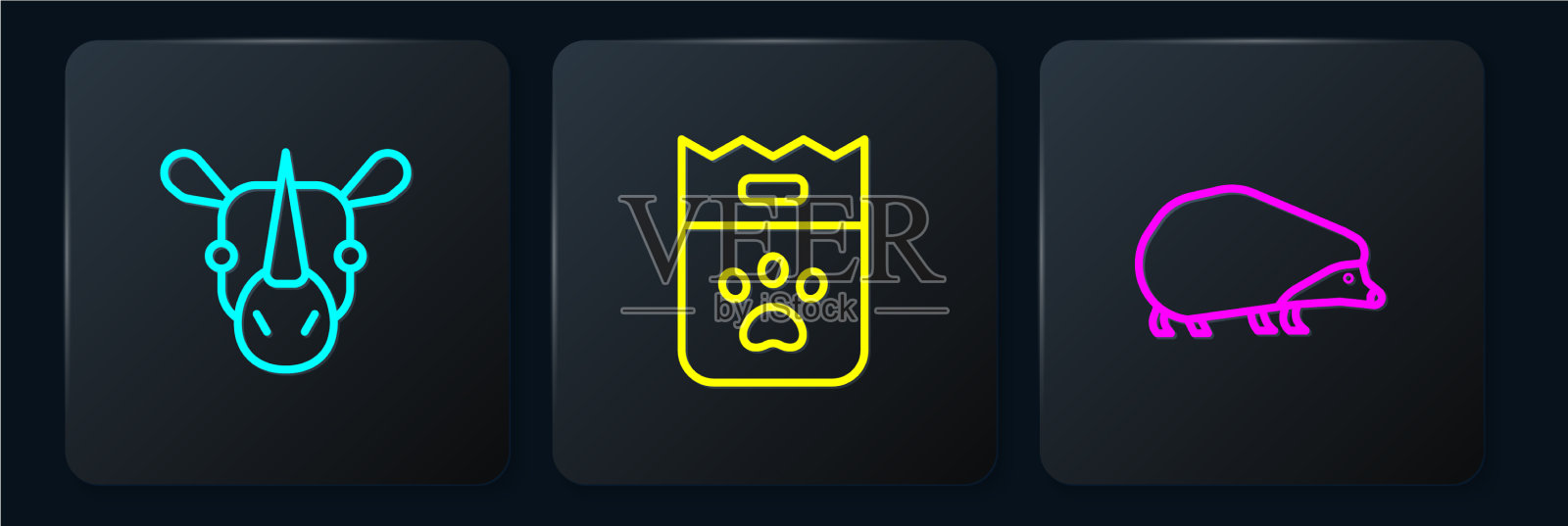 设行犀牛、刺猬及袋装食品图标素材